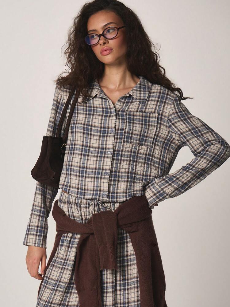 MISSGUIDED Cropped Checked Button Front Blouse With Long Sleeves And Collared Neckline For Fall Winter Casual Office Smart Wear