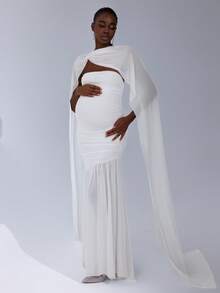 Cheriluna Maternity Elegant Maternity Photography Dress, High Stretch Shawl Collar Dress, Fitted Maternity Gown Maternity White Dress Pregnancy Photoshoot Dress Pregnancy Clothing Pregnant Outfits - White - View 5