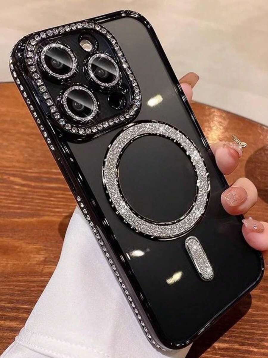Funda de teléfono con diamantes de imitación brillantes premium 2025 compatible con iPhone 17 AIR 16 15 14 13 12 11 Pro Max Plus, con protección magnética y lente clara - Negro - Ver 1