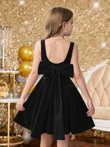 SHEIN Đầm nhung không tay cổ vuông thắt nơ eo thanh lịch cho bé gái tuổi teen, thích hợp mặc hàng ngày, đi học, màu đen, dịp Giáng sinh, năm mới. - màu đen - Xem 2