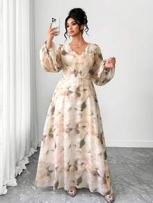 Elenzga 大码女式雪纺扎染印花V领长袖连衣裙，优雅适合约会和外出穿着 - 杏色 - 查看 3