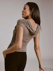 Hauture Women's Half Lined Mesh Jersey Off Shoulder Ruched Simple Sexy Elegant Top - Brown - View 2