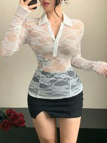 DAZY Women's Solid Color Lace Mesh Slim Fit Long Sleeve Collared Elegant Formal Blouse, Spring/Autumn - White - View 5