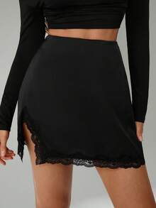 SHEIN Tall Black Satin Contrast Lace Trim Slit Sexy & Elegant Fitted Women's Skirt Summer Outfits For Women Sexy Skirt For Women Summer Outfits For Women Split Thigh Skirt Black Skirt Mini Black Short Skirt - Black - View 9