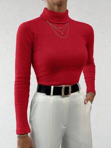 EURMUSE 女式纯色高领长袖修身休闲套头衫 - 紅色 - 查看 4