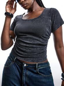 LYSMO Tricou cu mânecă scurtă, cu mânecă scurtă, cu talie încrețită, cu pliuri
