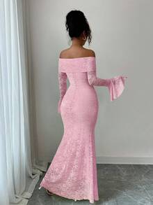 Rafferiza Elegant Fashion Young Minimalist Versatile Fitted Off-Shoulder Flared Sleeve Mermaid Midi Dress For Women, Autumn - Pink - View 2