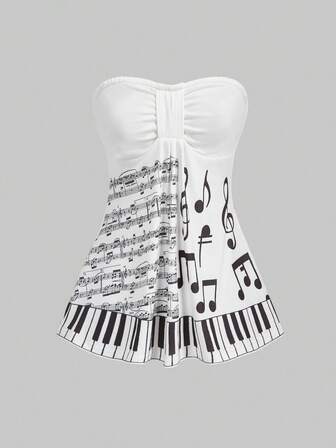 Kawaii Women's Fashion Pleated Stave & Musical Note Print Bandeau Top