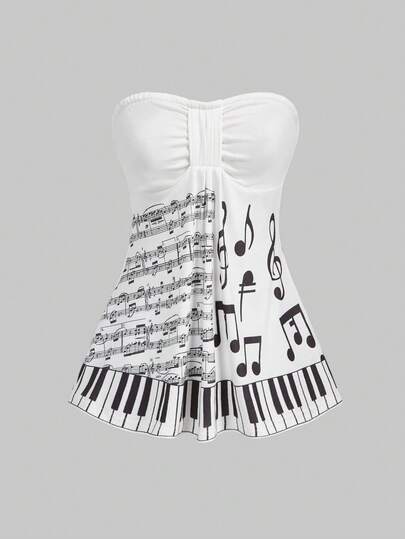 Kawaii Women's Fashion Pleated Stave & Musical Note Print Bandeau Top