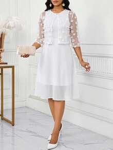 SHEIN Lady 2pcs Women Floral Applique Sheer Jacket & Dress Set, White - White - View 7