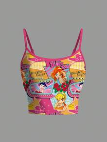 The Winx X SHEIN Women's Y2K Cartoon Pattern Cropped Cami Top For Summer - White - View 1