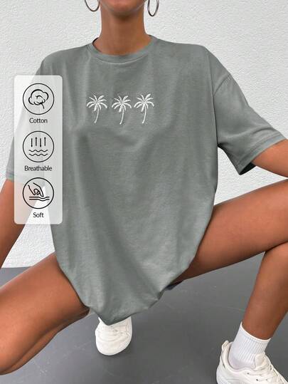 EURMUSE Cotton Tropical Print Drop Shoulder Tee