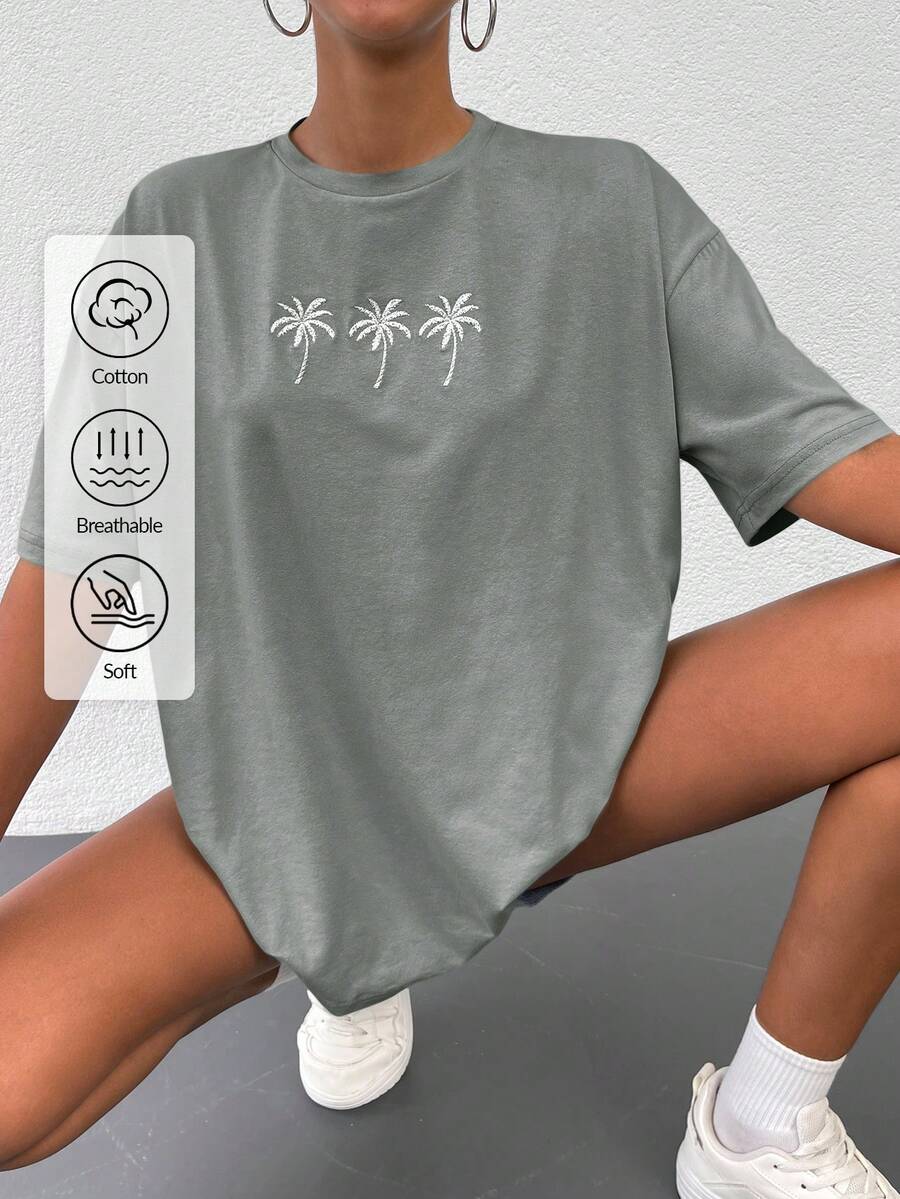 EURMUSE 棉质热带印花落肩T恤 - 薄荷綠 - 查看 1