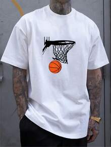 Versatile Baggy Short Sleeve T-Shirt With Fun Basketball Print, Ideal For Vacation, Work And Use - White 2 - View 2