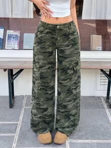 SHEIN EZwear Quần jeans ống rộng nữ kiểu dáng thường ngày, họa tiết rằn ri, có túi nắp, phù hợp cho việc đi lại hàng ngày. - xanh quân đội - Xem 3