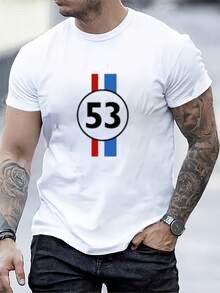 Versatile Casual Loose Fit Short Sleeve T-Shirt With Fun Racing Design Print, For Vacation, Work And Everyday Wear - BLUE AND BLACK - View 3