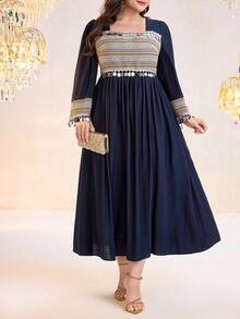 Al Najma New Contrast Color Patchwork Embroidered Waist Cinching Vacation Beach Dress Kaftan Jalabiya Dress - Navy Blue - View 2
