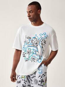 TOM & JERRY X SHEIN Conjunto de ropa de estar en casa con camiseta de manga corta y cuello redondo con estampado de dibujos animados y pantalones largos para hombre - Blanco - Ver 4