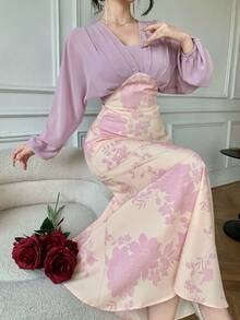 DAZY Robe longue plissée élégante à couleurs contrastées pour femmes, printemps/été - Parme - Voir 3