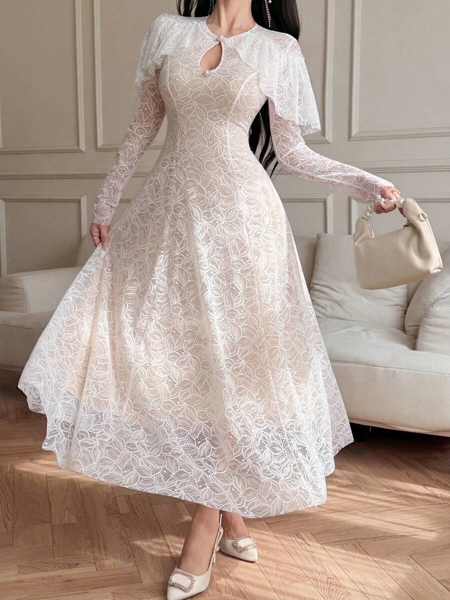 DAZY 女士优雅蕾丝荷叶边长裙,春夏婚礼宾客礼服 - 白色 - 查看 1