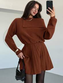 Aloruh 秋季女款優雅酒紅鐵鏽棕色羊毛針織洋裝，日常百褶A字修身單肩斜領長袖毛衣冬裝 - 鏽棕色 - 查看 7