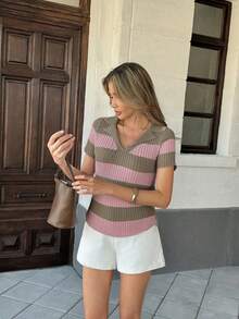 Pariaura Áo polo cổ bẻ phối sọc tương phản, áo sơ mi tay ngắn phong cách đường phố Pháp cho mùa hè - Lạc đà - Xem 5