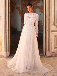 Aureia 优雅奢华浪漫立领长袖刺绣紧身胸衣，心形领口，收腰廓形，系带网纱喇叭裙，适合各种正式场合，女士婚纱 - 白色 - 查看 4