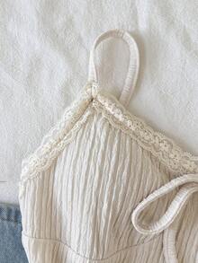 SHEIN 少女休闲简约舒适纹理面料蕾丝边吊带背心 - 杏色 - 查看 4