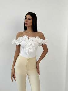 Aloruh Elegant Off Shoulder Sheer Bodysuit, Suitable For Commuting, Dating, Vacation, Wedding Season - White - View 5