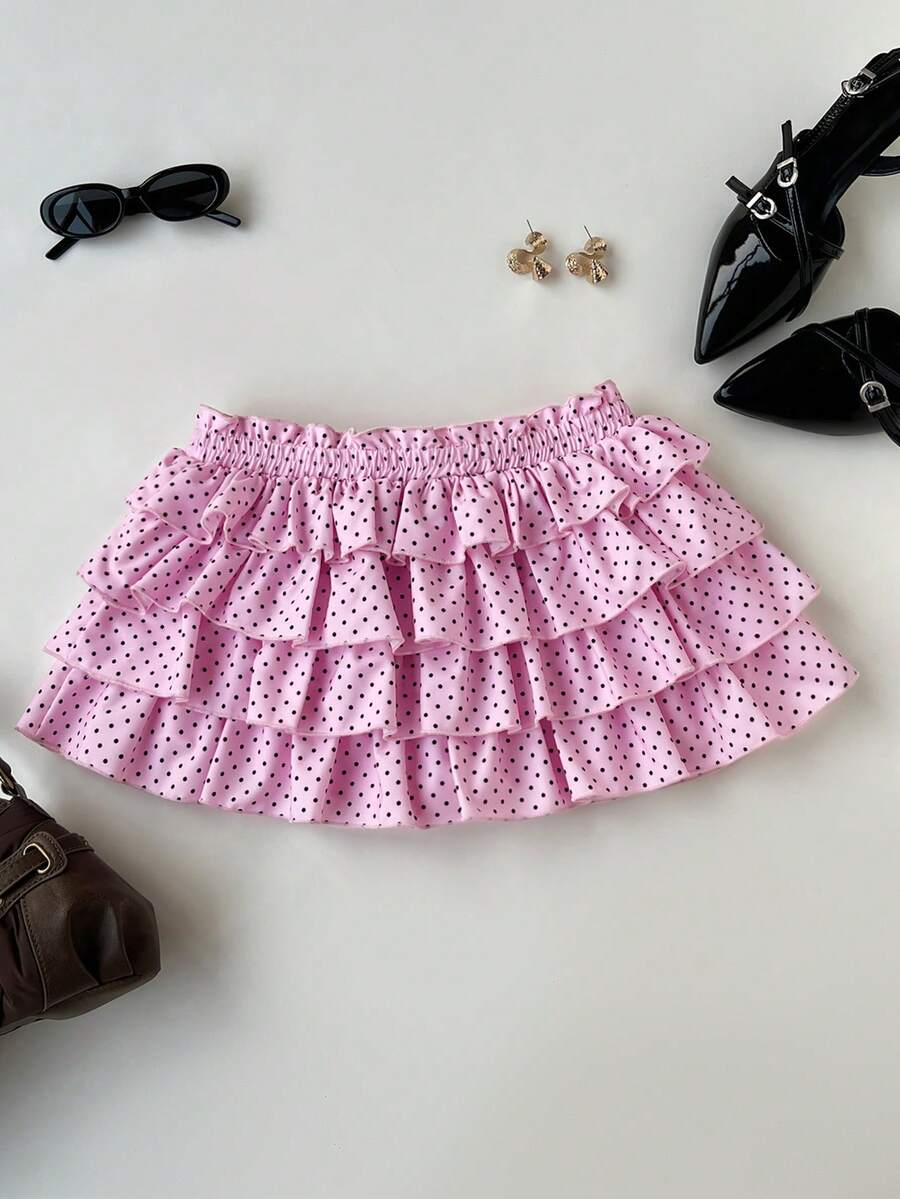 Elamini Váy ngắn dự tiệc chấm bi nhiều lớp nhún bèo eo cho nữ dễ thương đa năng - Hồng - Xem 1