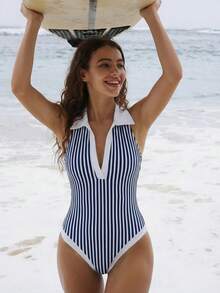 Swim SPRTY New Summer Women Sleeveless Polo Collar Striped Printed Casual Sports Swimsuit