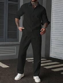 Manfinity Homme 男士黑色兩件套，極簡純色條紋長袖襯衫與長褲套裝，休閒秋季城市度假穿搭，適用春夏，正式 - 黑色 - 查看 4