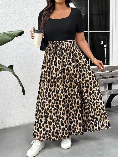 SHEIN Frenchy Plus Size Black Top With Leopard Print Slit Dress, Casual Commuting New Arrival Short Sleeve Dress Leopard Skirt Women Long Skirts Arabian