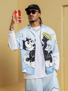 Felix The Cat X SHEIN Men's Casual Gradient Cat Print Short Sleeve Shirt And Shorts Set, Summer - Baby Blue - View 6