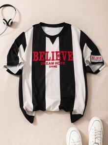 Casuvi Kids Retro amerikanisch urbaner lässiger Sport gestreiftes Kurzarm T-Shirt für Teenager Jungen, rotes "BLIIEVE" Englisch Text vorne, quadratisches Englisch Grafik auf linkem Ärmel, geeignet für urban, Campus, Wochenendtreffen, leichte Sportarten - Schwarz und Weiss - Übersicht 5
