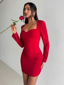 Aloruh 女士优雅露背修身迷你连衣裙，长袖，适合情人节约会，红色 - 紅色 - 查看 4