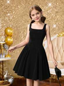 SHEIN Đầm nhung không tay cổ vuông thắt nơ eo thanh lịch cho bé gái tuổi teen, thích hợp mặc hàng ngày, đi học, màu đen, dịp Giáng sinh, năm mới. - màu đen - Xem 5