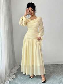 Elenzga 女士优雅雪纺连衣裙，荷叶边领口，灯笼袖，系带腰身设计，适合鸡尾酒会、婚礼、毕业典礼、万圣节、圣诞节、沙特国庆日、新年等正式场合，棕色 - 杏色 - 查看 3