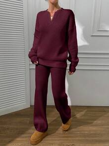 EURMUSE V Neck Sweater And Pant Casual Elegant - Burgundy - View 5