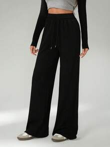 SHEIN Tall Women's Casual Drawstring Waist Loose Yoga Pants Graduation,Back To School Outfits,Graduation,Teacher Outfits For Women,Back To School Black Wide Leg Pants Drawstring Pants Baggy - Black - View 5
