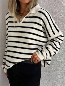 EURMUSE Striped Pattern Drop Shoulder Sweater - Black and White - View 3