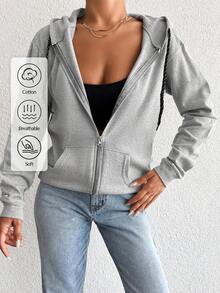 EURMUSE 100%Cotton Zip Up Drawstring Hooded Sweatshirt - Grey - View 1