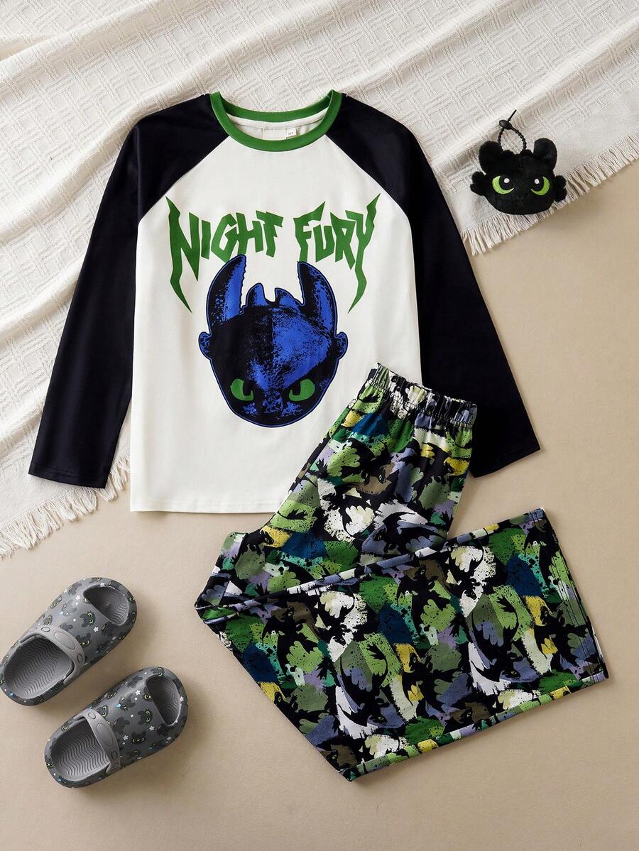 SHEIN How to Train Your Dragon Tween Boy Colorblock Cartoon Print Crew Neck Raglan Long Sleeve Top And Pants Pajama Set - أبيض وأسود - مشاهدة 1