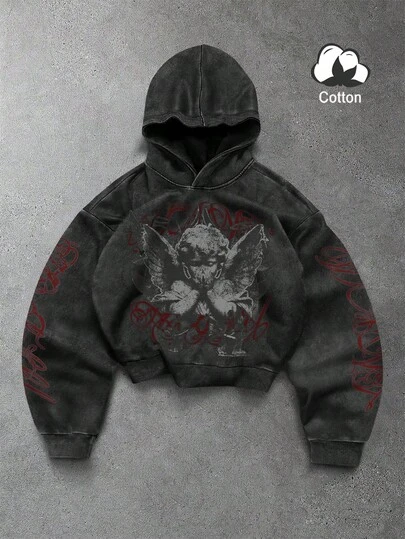 Manfinity EMRG Sudadera con capucha con gráfico de estatua de ángel vintage y eslogan para hombre, diseño de estilo callejero estadounidense, sudaderas de otoño/invierno