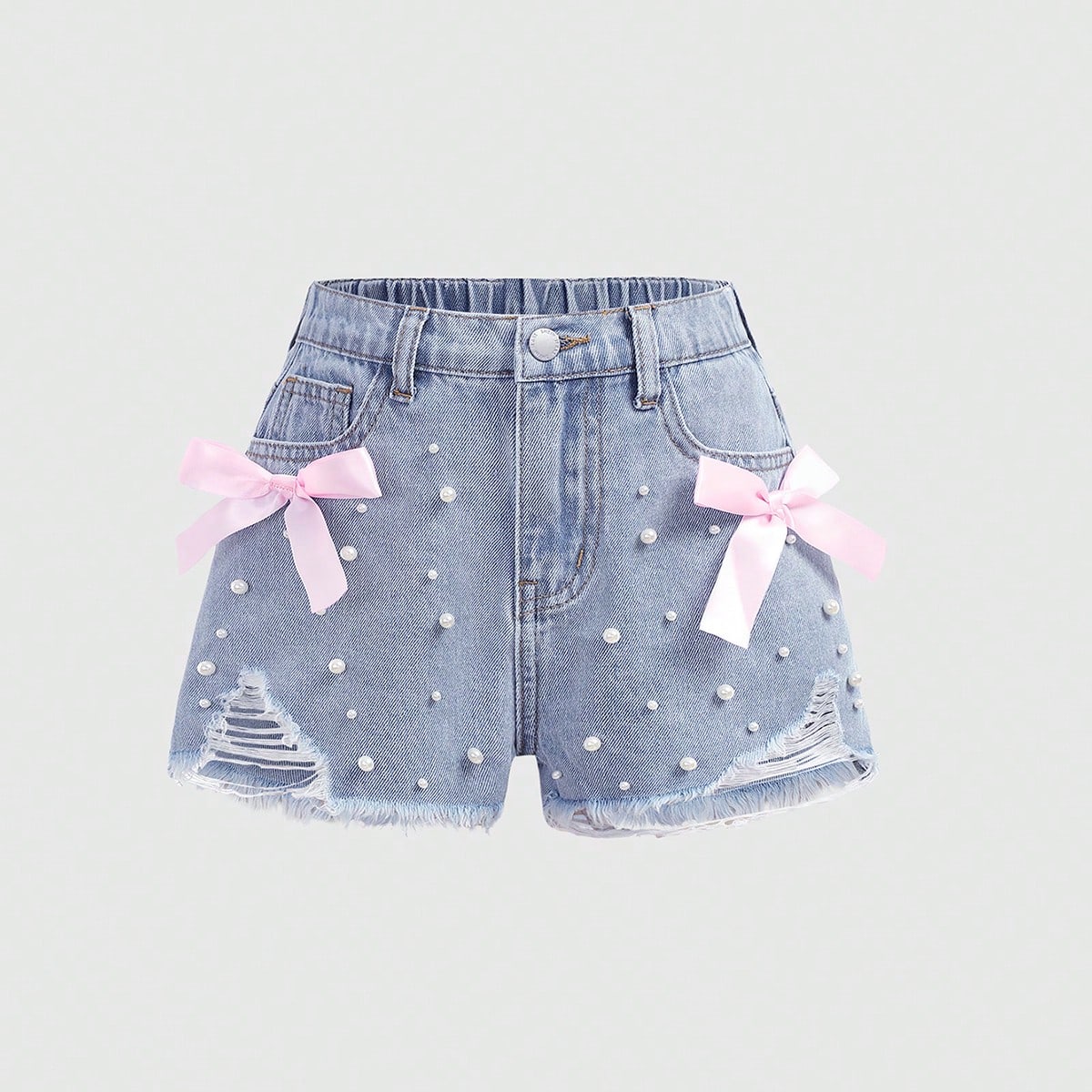 Shorts vaqueros con bolsillos, lazo, inserciones de perlas falsas y dobladillo deshilachado, en estilo casual, elegante y vintage Y2K, para niñas pre