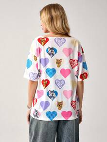 TOM & JERRY X SHEIN Women's Casual Heart & Cartoon Pattern V-Neck Short Sleeve T-Shirt, Summer - White - View 2
