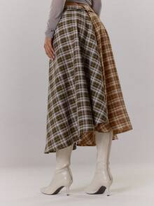 MUSERA 翻折腰身不对称撞色双色格纹纽扣半身裙，仅供夜间外出、街头风、可爱、返校、性感、未裁剪夏季穿着 - 棕色 - 查看 2