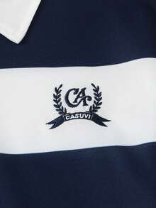 Casuvi Kids Nautical Academy Style Striped Polo Shirt For Teens (Boys), Loose Fit With Wide Blue & White Stripes, Fashion Emblem On Chest, Suitable For Campus, Commute, And Casual Weekend Wear Polo For Boys Boy Clothes