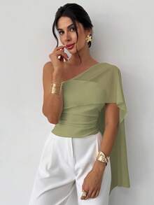 Firerie Áo cánh nữ thanh lịch, giản dị, thời trang hàng ngày, đa năng, cổ bẻ, lưới vá, buộc dây bất đối xứng, mùa hè - màu xanh lá - Xem 4