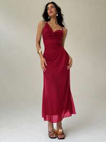 Aloruh 不对称露背系带中长连衣裙，浪漫约会，粉紫色 - 酒紅色 - 查看 3